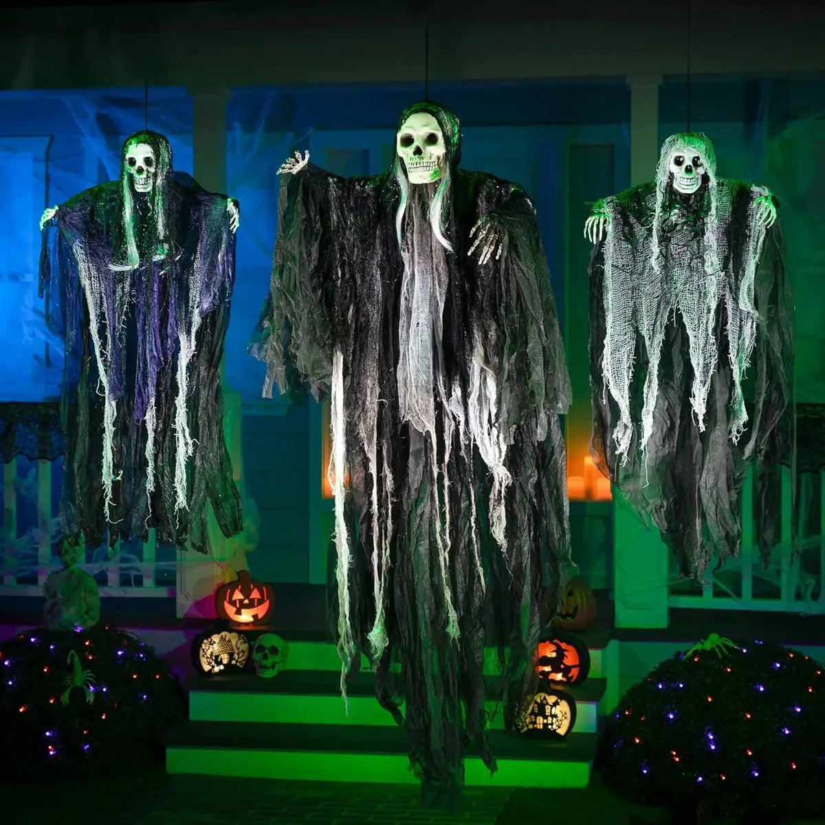 Set of three realistic Halloween hanging decorations by Belro, featuring spooky outdoor and indoor costume-inspired hanging decor.