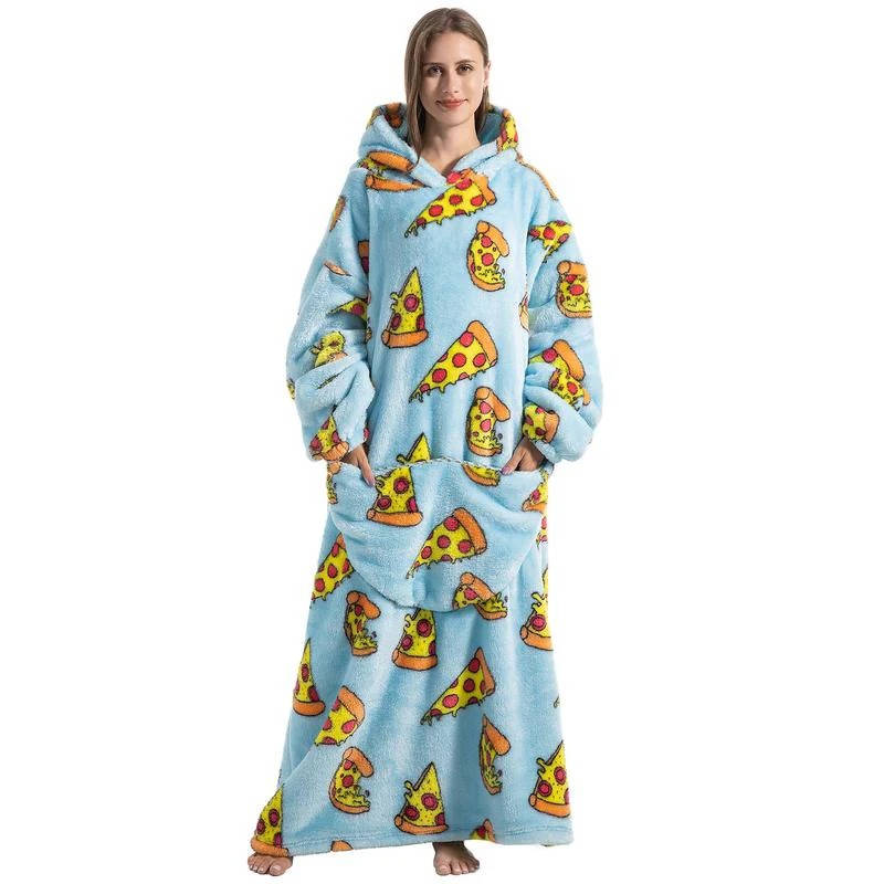 Belro long wearable blanket hoodie in blue with pizza print, cozy sleepwear perfect for lounging and staying warm.