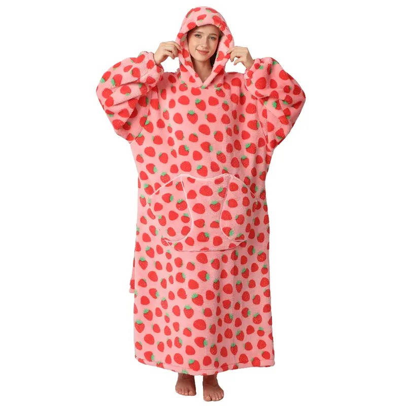 Belro long wearable blanket hoodie in strawberry color, cozy sleepwear with a soft, plush fabric for warmth and comfort.