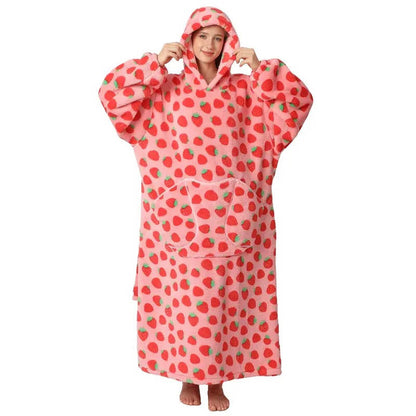 Belro long wearable blanket hoodie in strawberry color, cozy sleepwear with a soft, plush fabric for warmth and comfort.