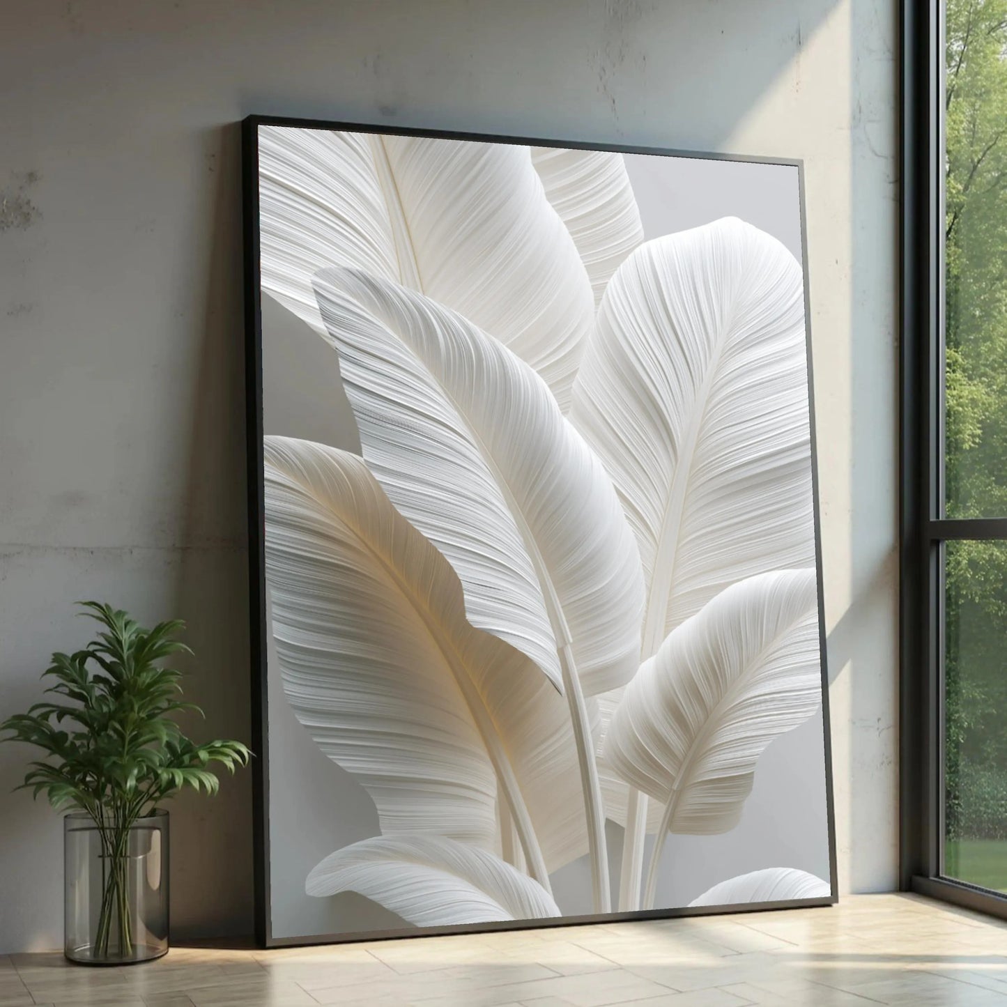 White Tropical Leaf Canvas Print, Minimalist Botanical Wall Art