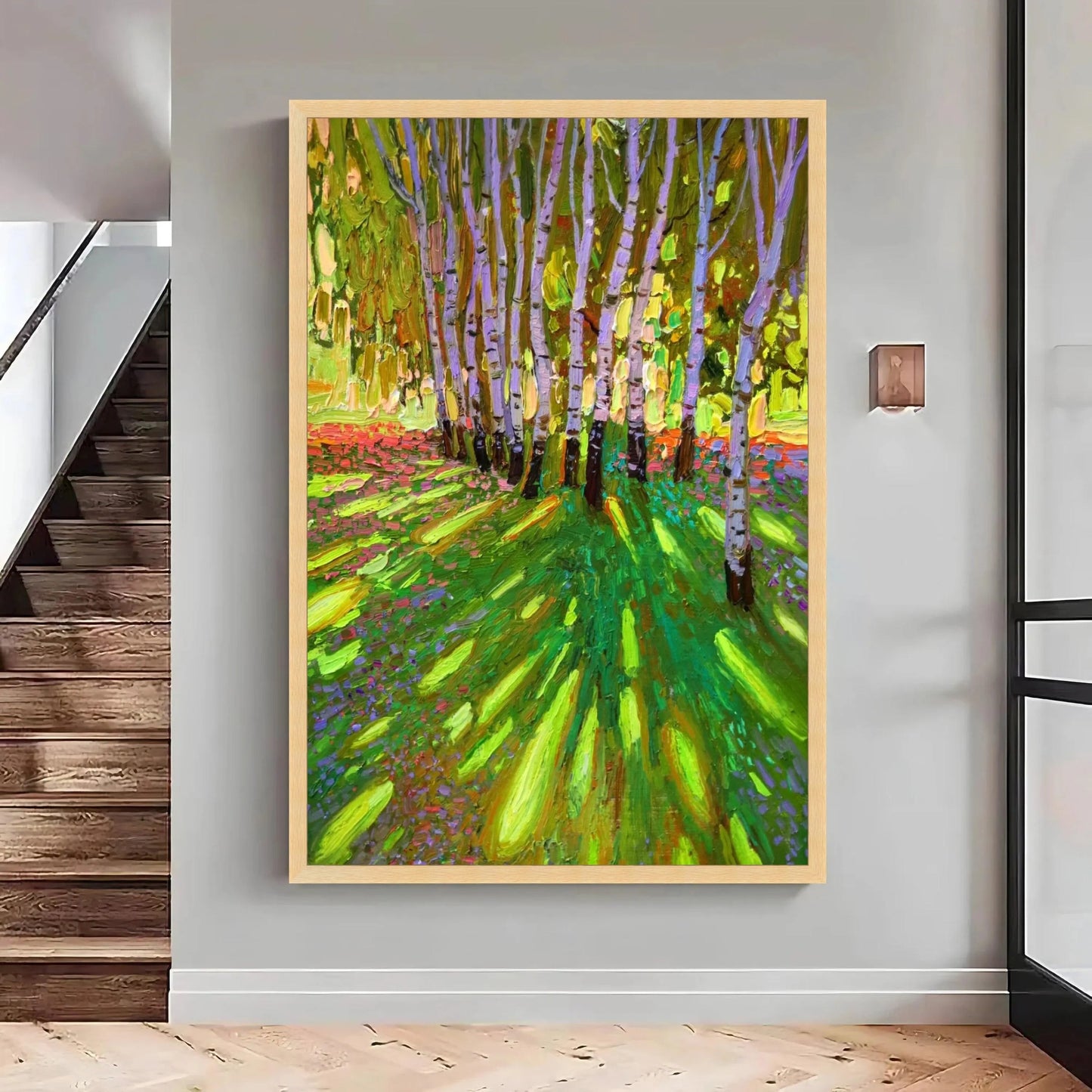 Vibrant Birch Tree Forest Canvas, Colorful Nature Landscape Wall Art
