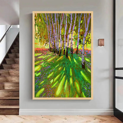 Vibrant Birch Tree Forest Canvas, Colorful Nature Landscape Wall Art
