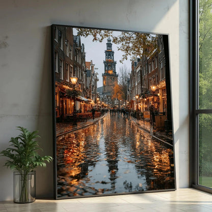Amsterdam Canal Street Scene, Rainy Evening Reflection Canvas