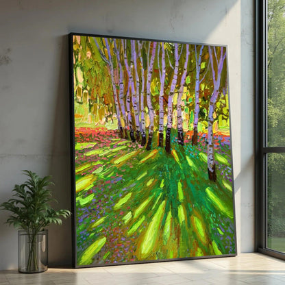Vibrant Birch Tree Forest Canvas, Colorful Nature Landscape Wall Art