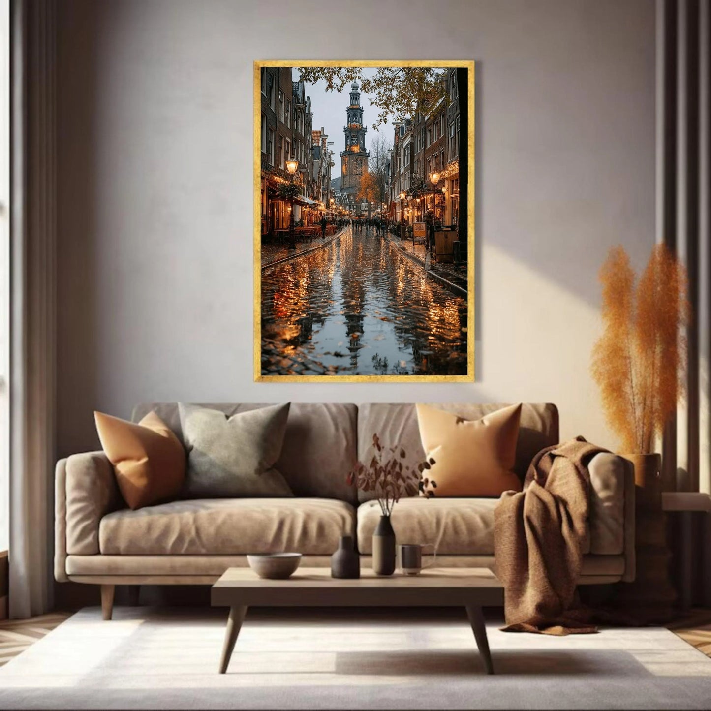 Amsterdam Canal Street Scene, Rainy Evening Reflection Canvas