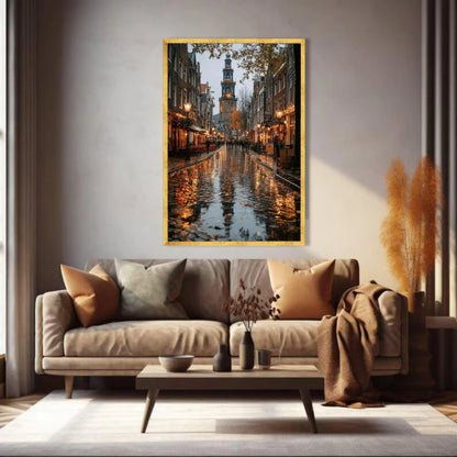 Amsterdam Canal Street Scene, Rainy Evening Reflection Canvas