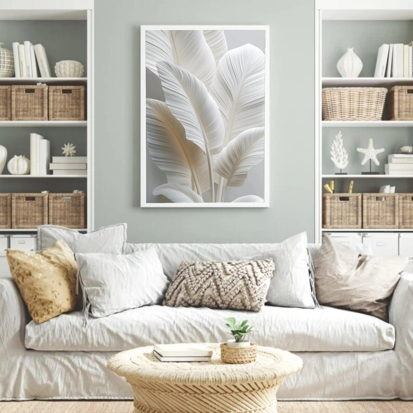 White Tropical Leaf Canvas Print, Minimalist Botanical Wall Art