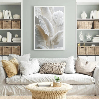 White Tropical Leaf Canvas Print, Minimalist Botanical Wall Art