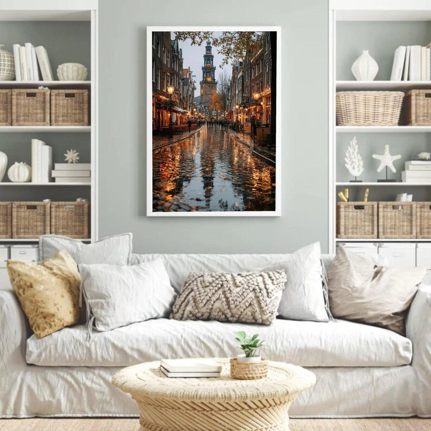 Amsterdam Canal Street Scene, Rainy Evening Reflection Canvas