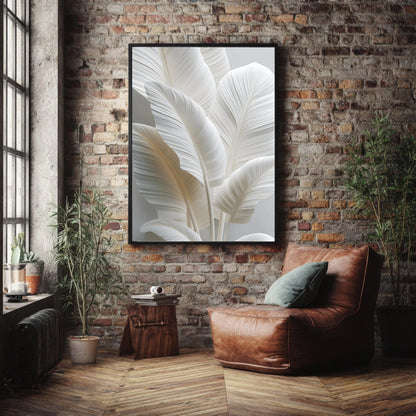 White Tropical Leaf Canvas Print, Minimalist Botanical Wall Art
