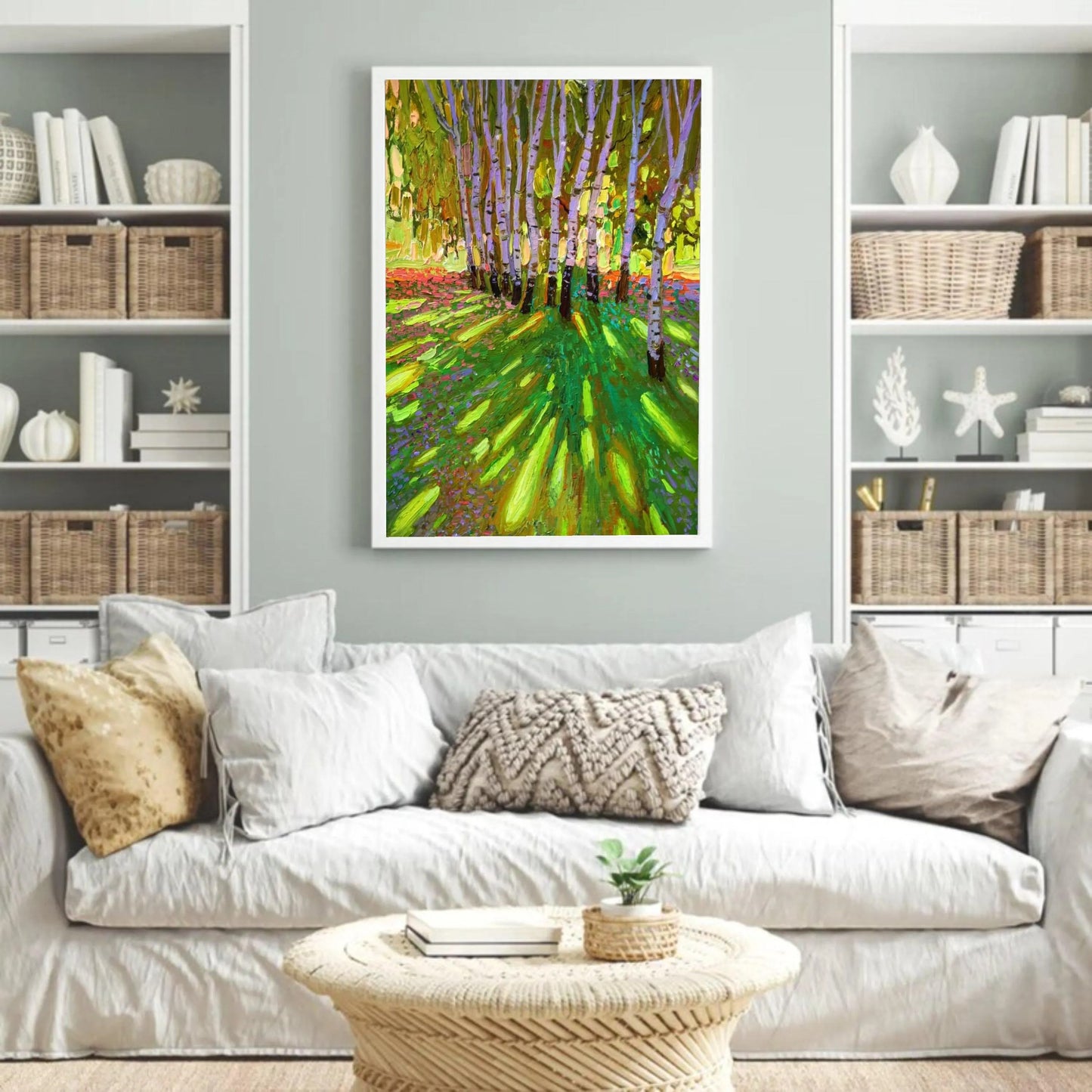 Vibrant Birch Tree Forest Canvas, Colorful Nature Landscape Wall Art