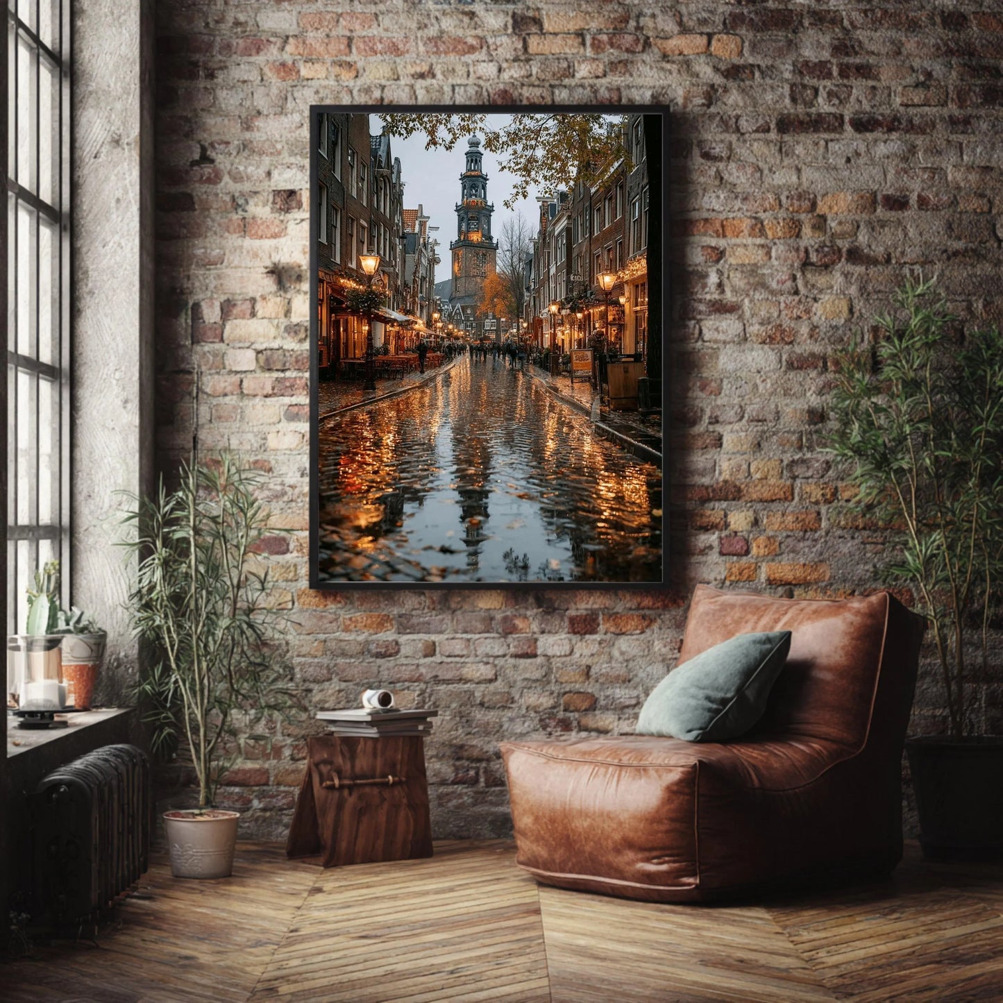 Amsterdam Canal Street Scene, Rainy Evening Reflection Canvas