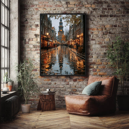 Amsterdam Canal Street Scene, Rainy Evening Reflection Canvas