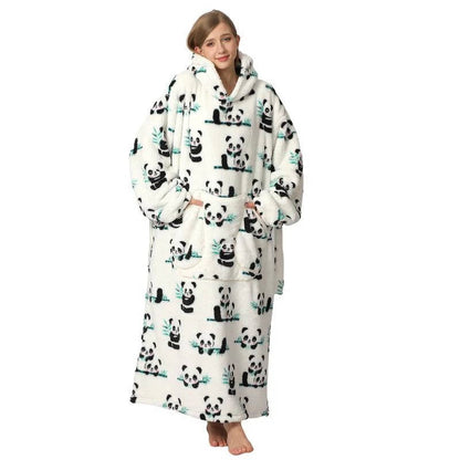 Belro long wearable blanket hoodie with panda print, soft sleepwear for cozy comfort and warmth.