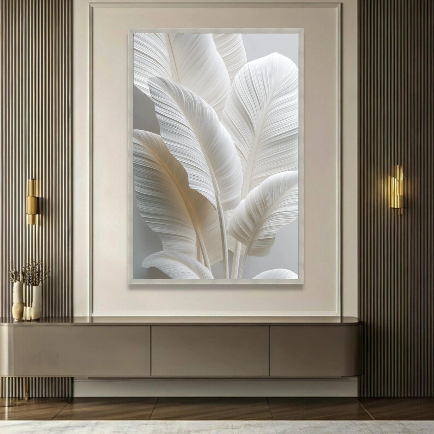 White Tropical Leaf Canvas Print, Minimalist Botanical Wall Art