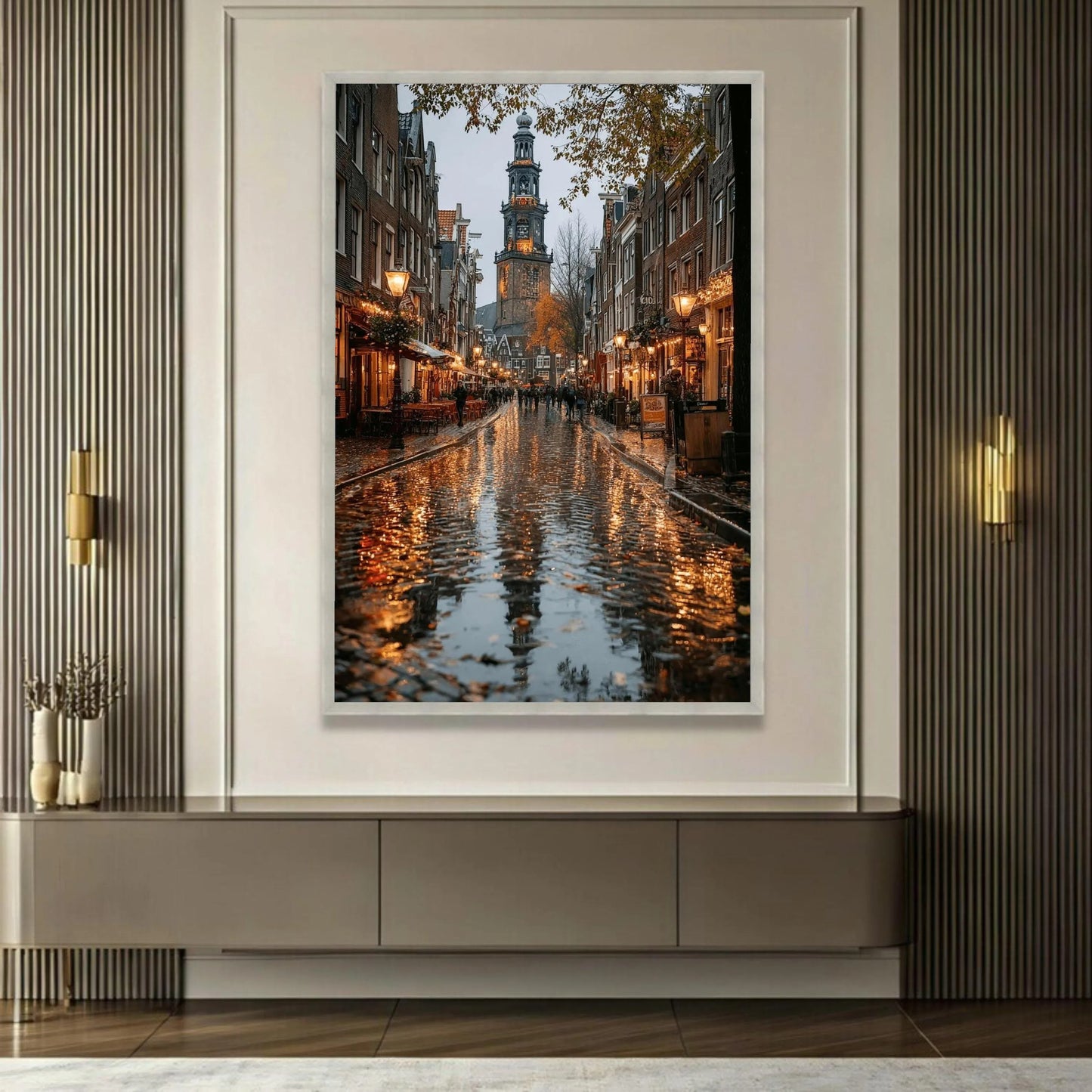Amsterdam Canal Street Scene, Rainy Evening Reflection Canvas