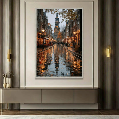 Amsterdam Canal Street Scene, Rainy Evening Reflection Canvas