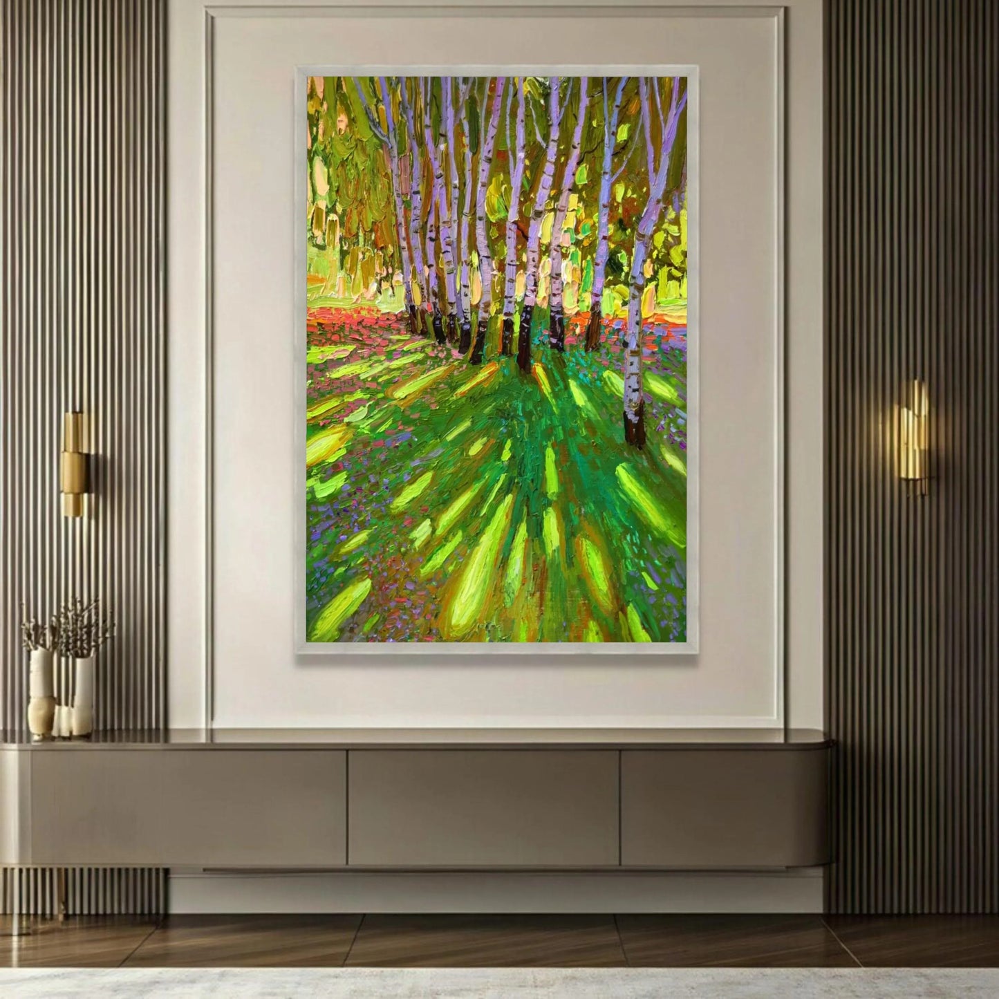 Vibrant Birch Tree Forest Canvas, Colorful Nature Landscape Wall Art