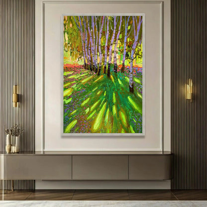 Vibrant Birch Tree Forest Canvas, Colorful Nature Landscape Wall Art