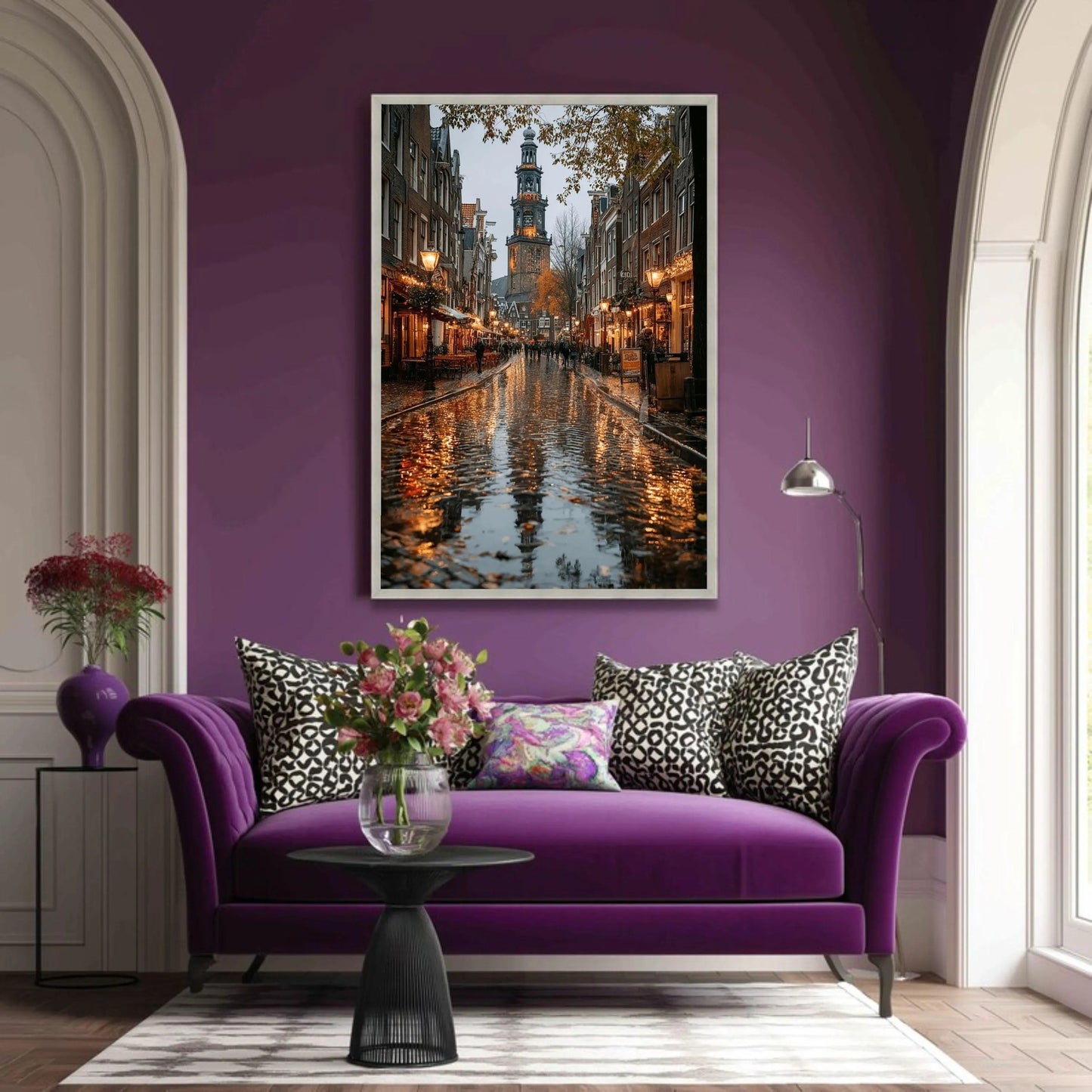 Amsterdam Canal Street Scene, Rainy Evening Reflection Canvas