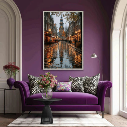 Amsterdam Canal Street Scene, Rainy Evening Reflection Canvas