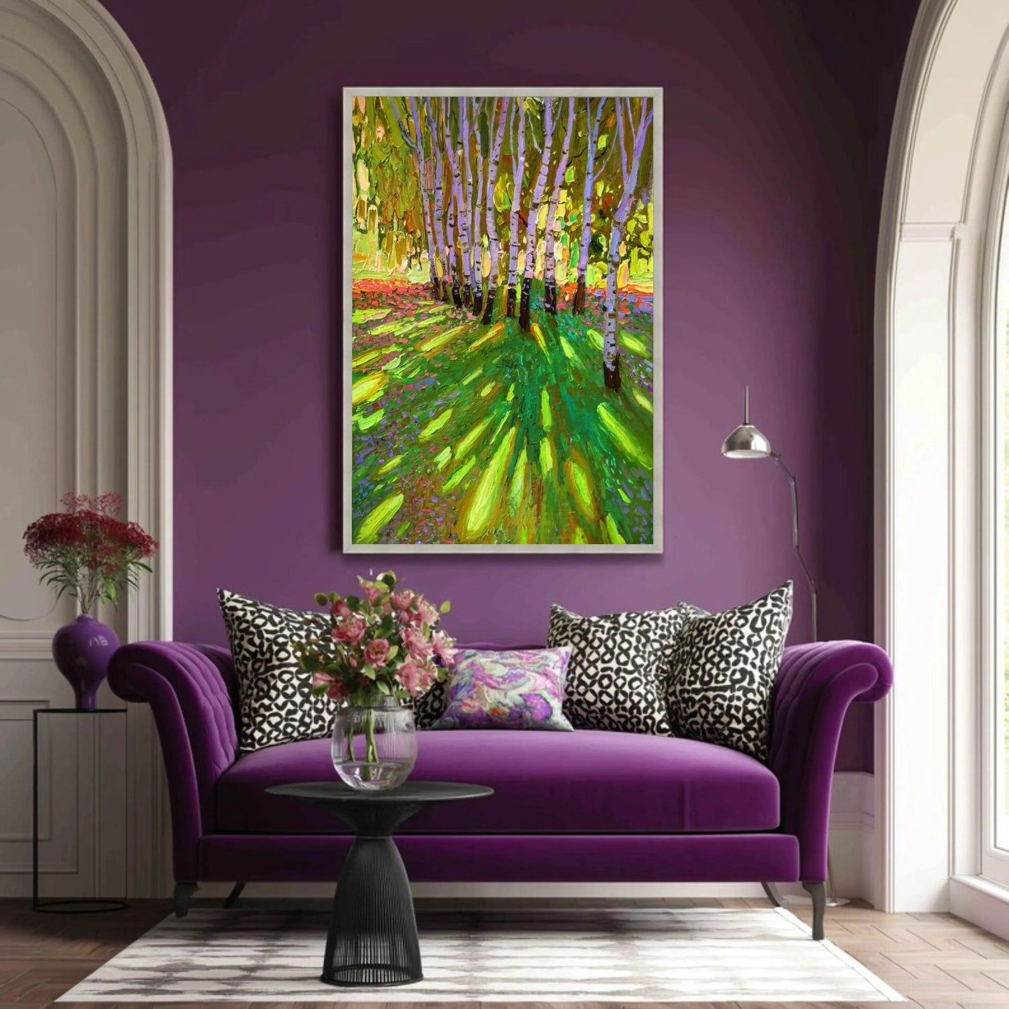 Vibrant Birch Tree Forest Canvas, Colorful Nature Landscape Wall Art