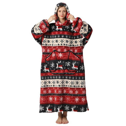 Belro long wearable blanket hoodie worn as sleepwear, featuring soft fabric and cozy fit for comfortable lounging.