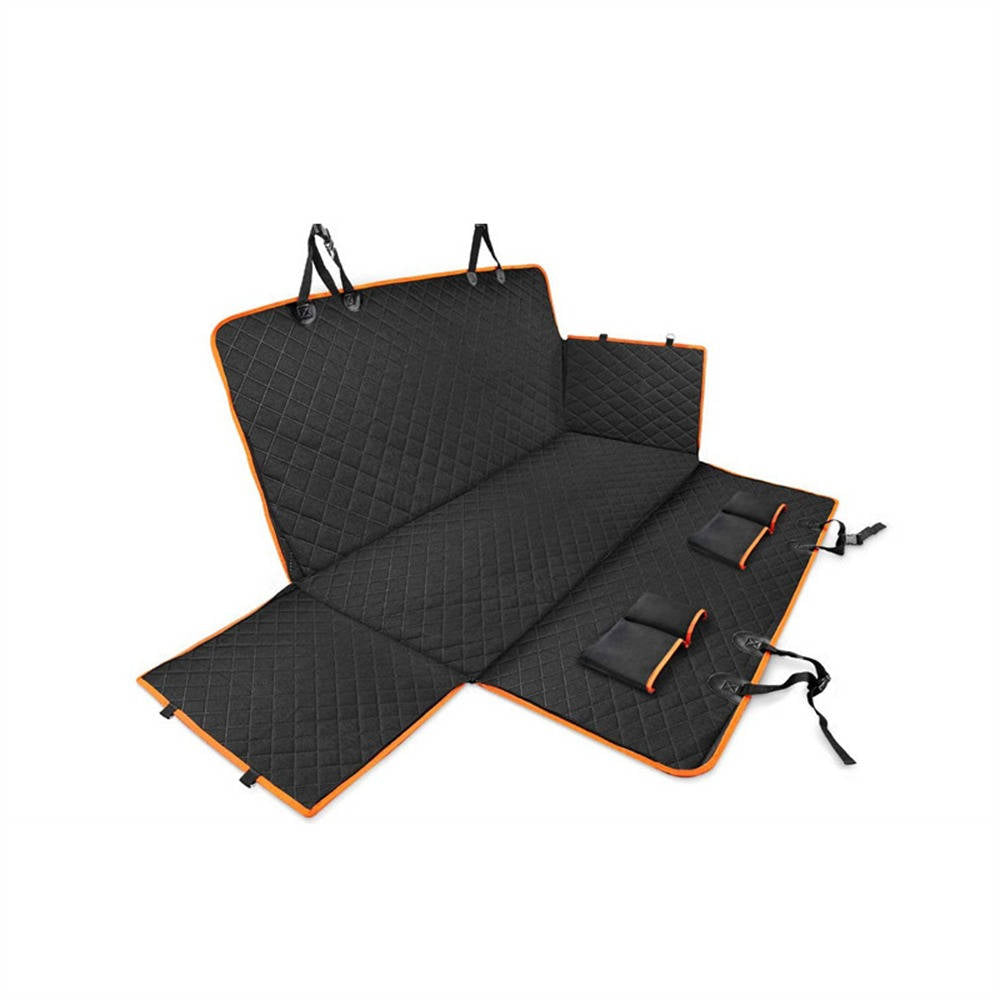 Belro waterproof dog car seat protector showing scratch-resistant, waterproof fabric on automotive seat with dog sitting comfortably.