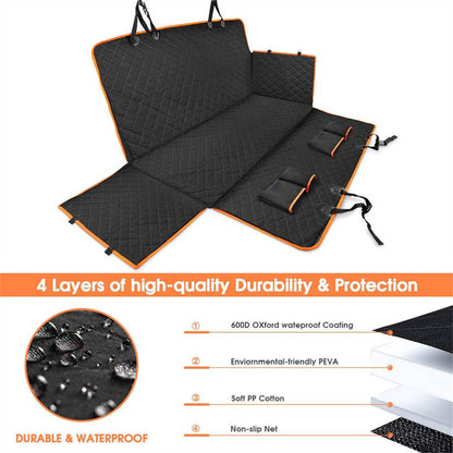 Belro waterproof, scratch-resistant dog car seat protector in automotive use, showing durable fabric and secure fit in the vehicle.