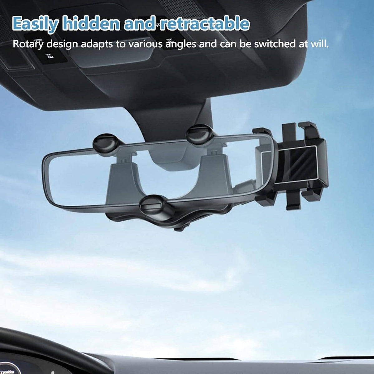 Belro rotatable and retractable car phone holder mounted on a dashboard, adjustable for secure phone placement during driving.