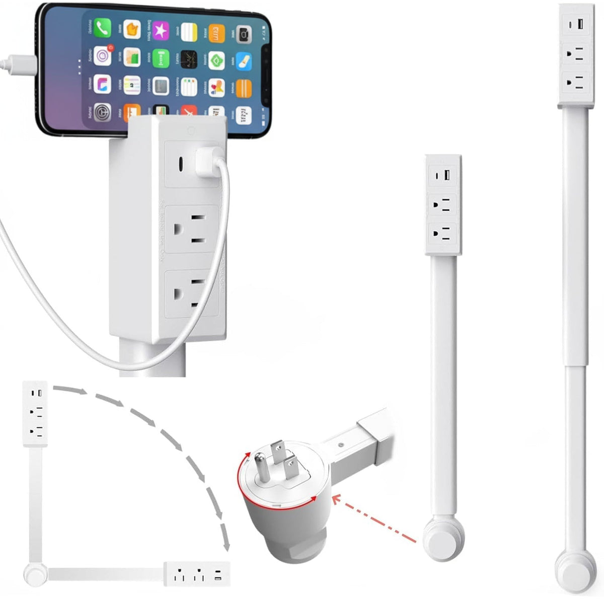 Belro plug-in extender outlet with rotating arm, offers flexible power extension for electronics and charging devices.