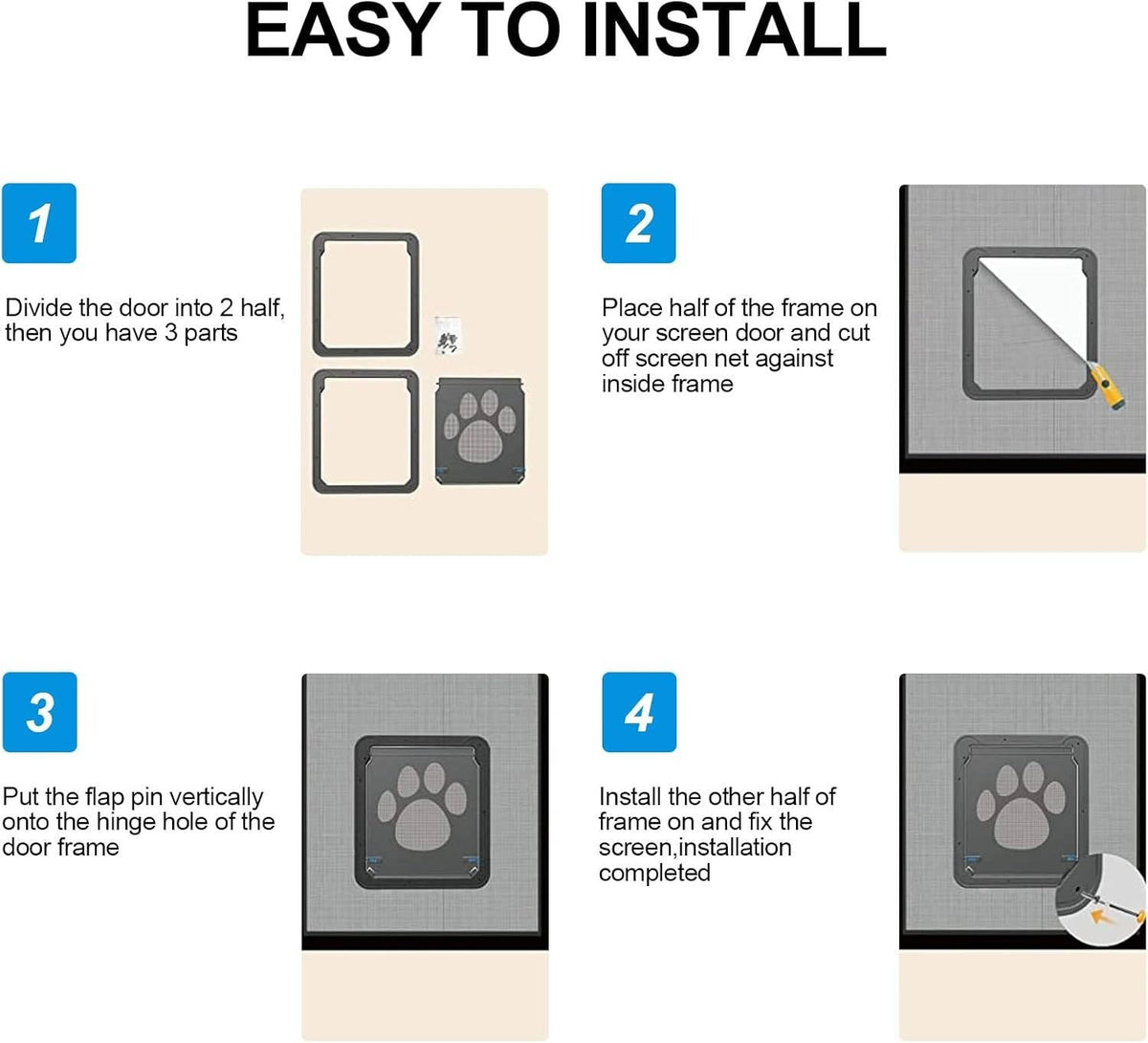 Belro pet screen door for dogs and cats, installed in a door frame, allowing pets to easily pass through.