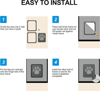 Belro pet screen door for dogs and cats, installed in a door frame, allowing pets to easily pass through.