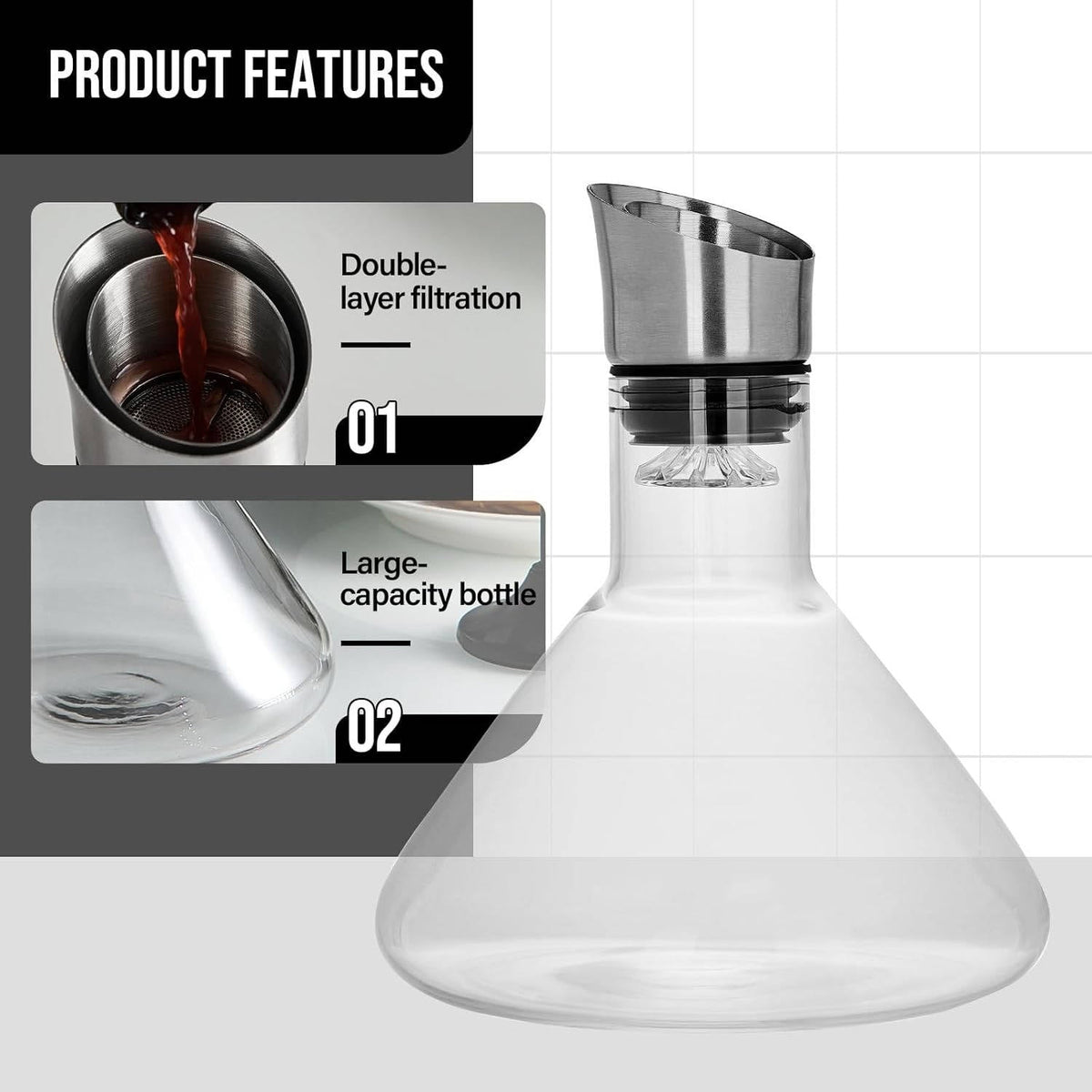 Belro crystal glass wine decanter aerator carafe on a kitchen counter, showcasing elegant design for wine serving and aeration.