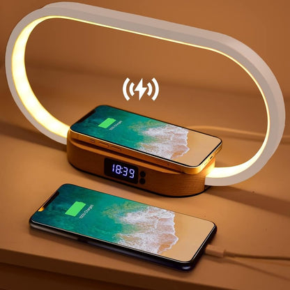Belro alarm clock with wireless charging pad and built-in night light, modern electronic device for bedside use.