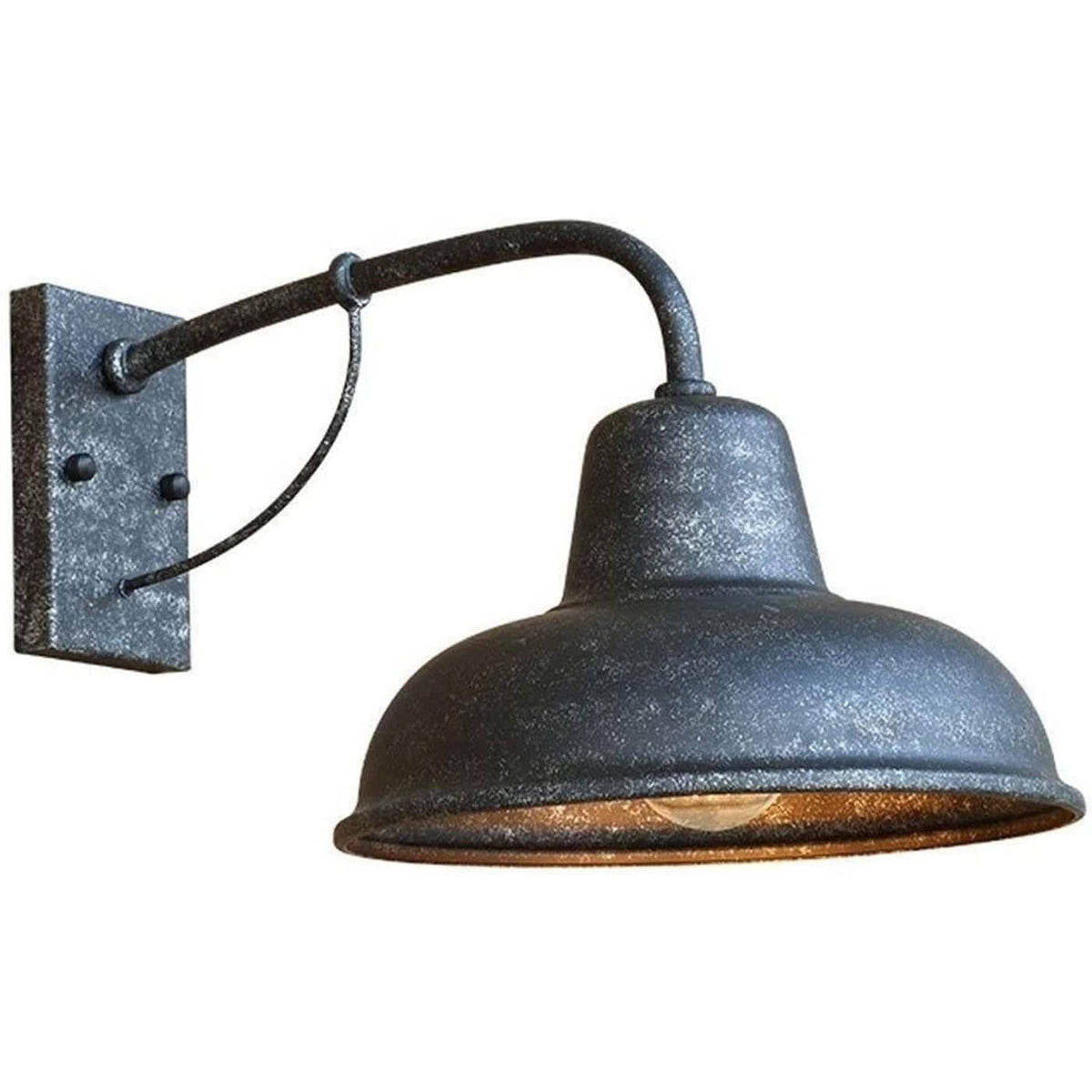 Vintage antique barn light by Belro, mounted on a wall, showcasing weathered metal and rustic design.