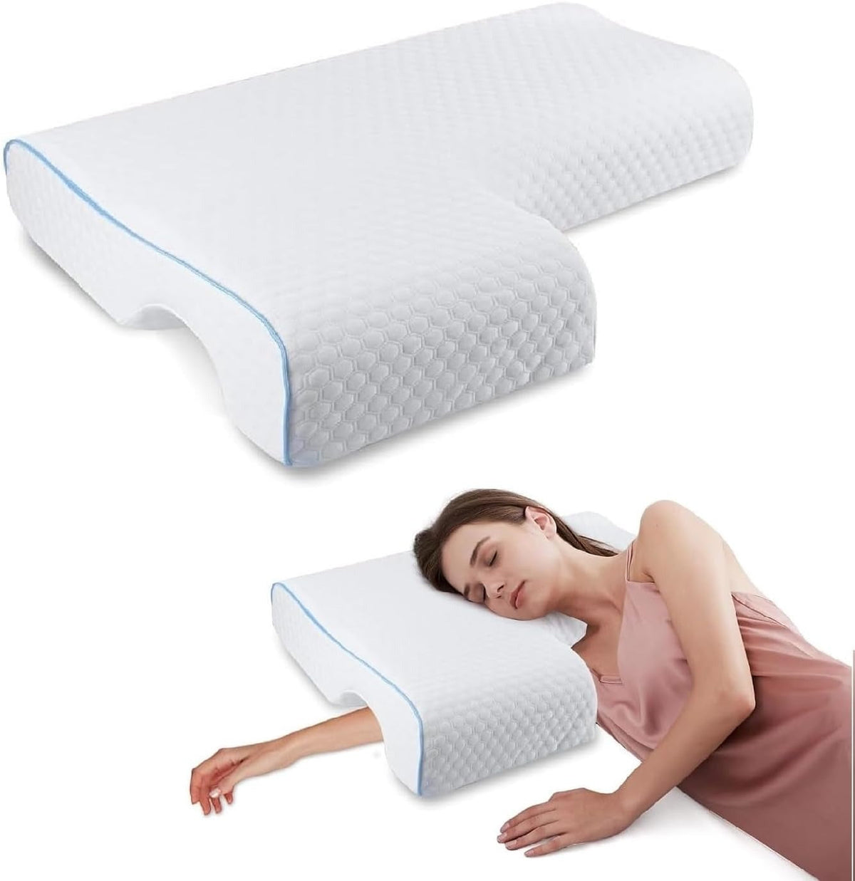 Belro orthopedic couple pillow with arm tunnel for cuddling, designed for comfort and support during rest and intimacy.