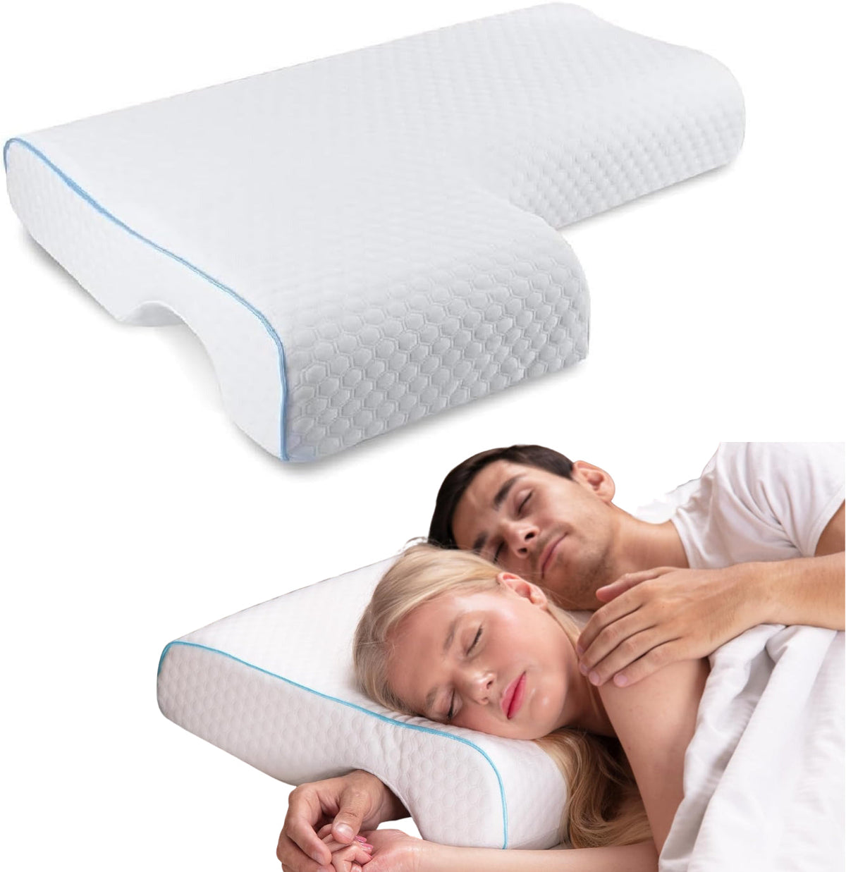 Belro orthopedic couple pillow with arm tunnel for cuddling, designed for comfort and support during rest and relaxation.
