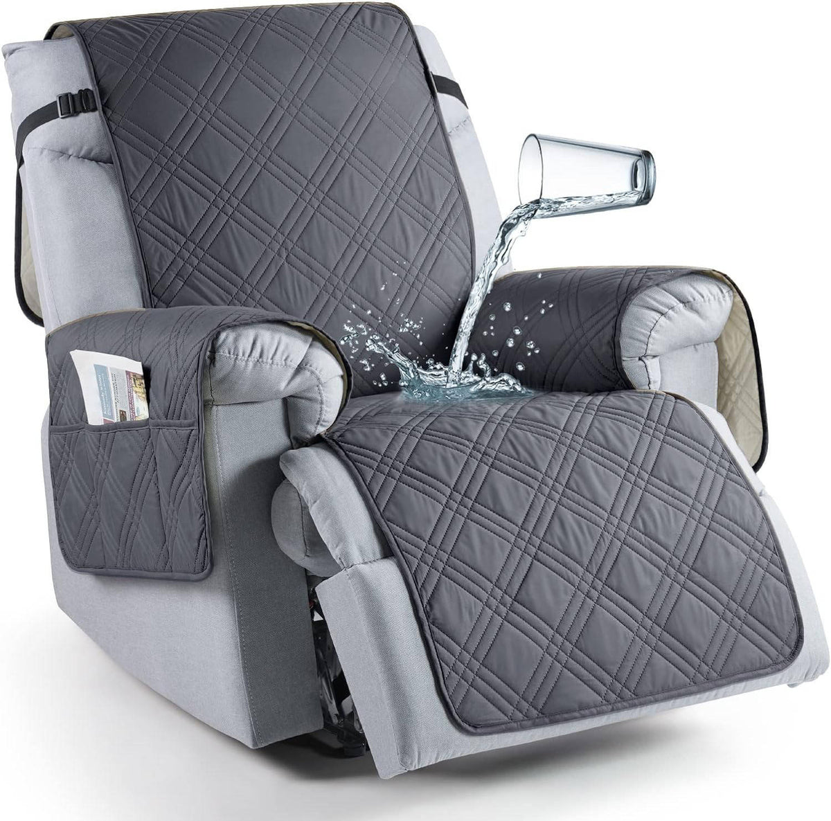 Belro waterproof recliner chair cover in a neutral color, protecting a sofa in a home living room setting.