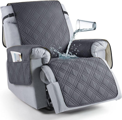 Belro waterproof recliner chair cover in a neutral color, protecting a sofa in a home living room setting.