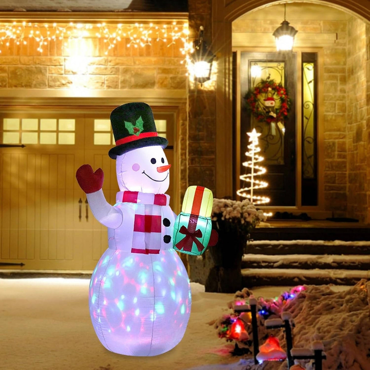 Belro outdoor inflatable snowman Christmas decoration with LED lights for festive home and garden holiday decor.