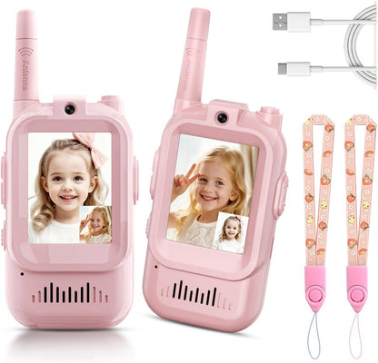 Belro Kids walkie talkies set with video, voice, and chat features, designed for children, shown with colorful handheld devices.