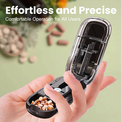 Belro portable pills cutter in blue with transparent lid, designed for easy splitting of tablets and capsules for health and beauty use.