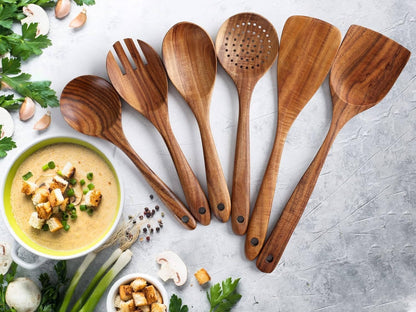 Set of six wooden kitchen utensils including spoons and spatulas from Belro, ideal for cooking and serving in the kitchen.