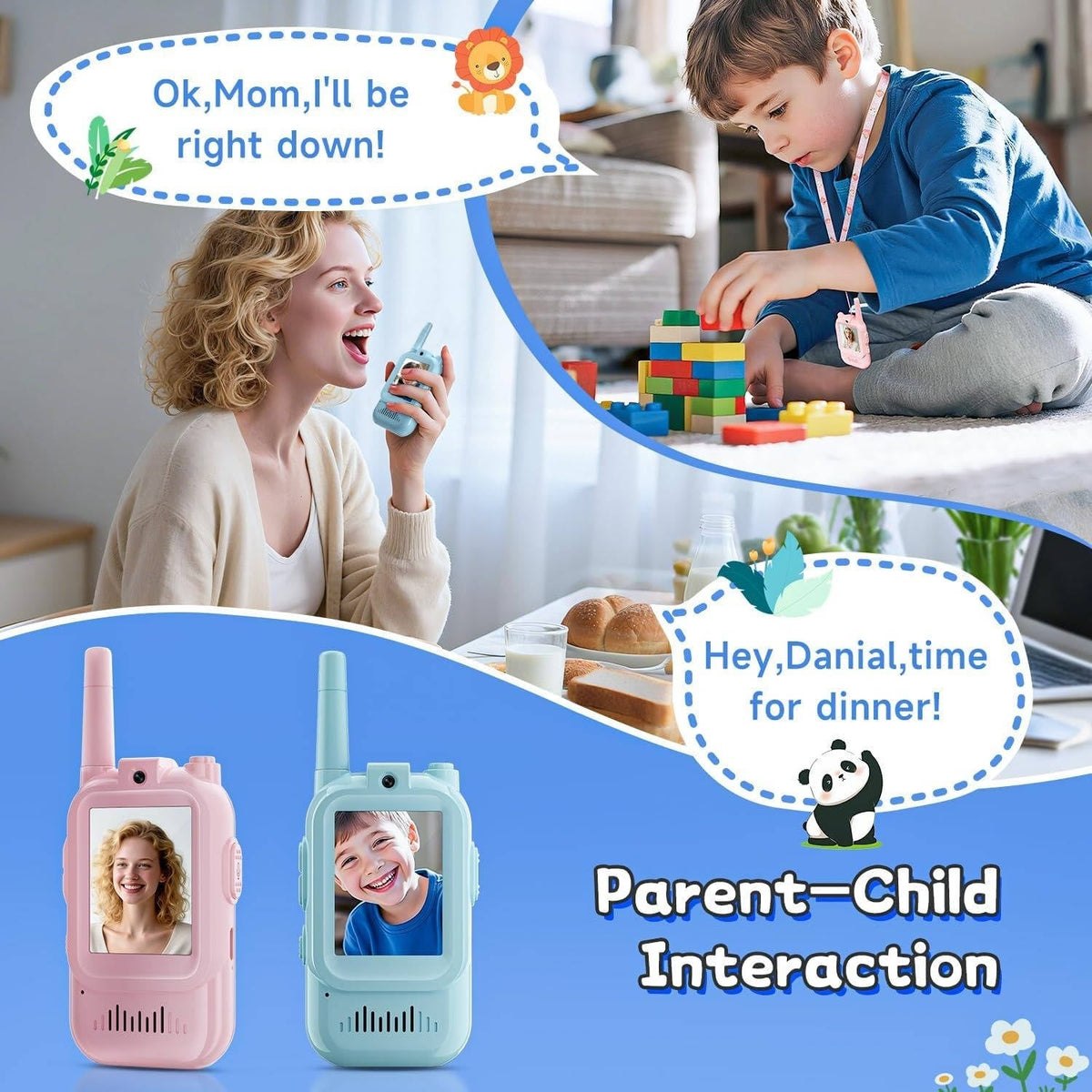 Belro Kids walkie talkies set with video, voice, and chat features, designed for children, shown with colorful handheld devices.