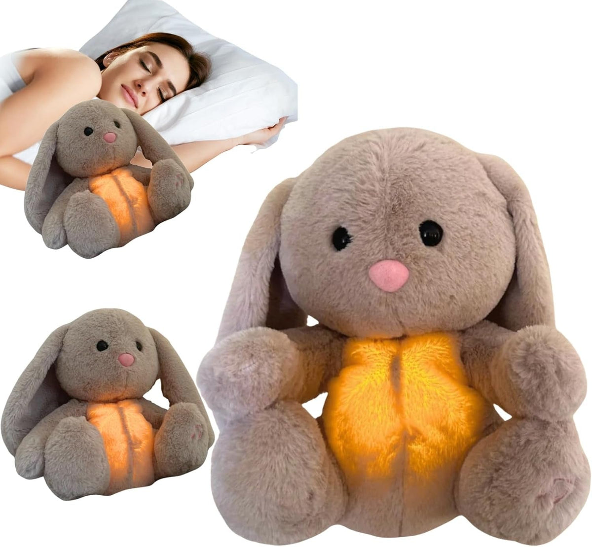 Belro breathing stuffed animal bunny in men's clothing, soft plush toy with detailed bunny features and breathing design.