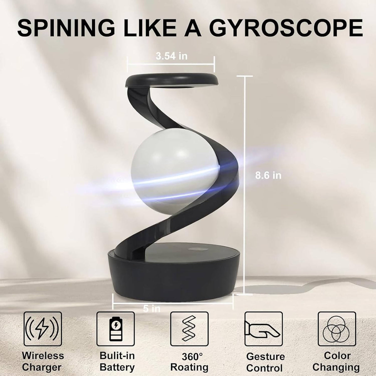 Belro levitating moon lamp with gesture control and wireless charging features, showcasing its glowing moon design on a sleek surface.