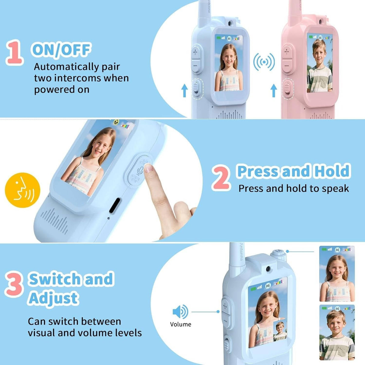 Belro Kids walkie talkies set with video, voice, and chat features, colorful electronic audio devices for children.