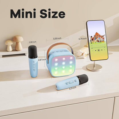 Belro Mini Karaoke Machine with two wireless microphones, colorful toy for kids and entertainment, in vibrant design.
